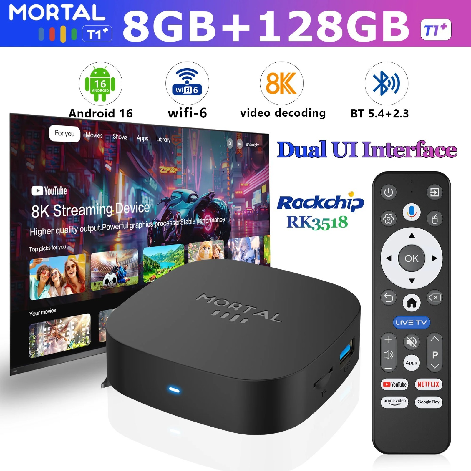 2025 New Android TV Box T1+ Rockchip RK3518 Android 16 8GB RAM 128GB ROM WiFi US