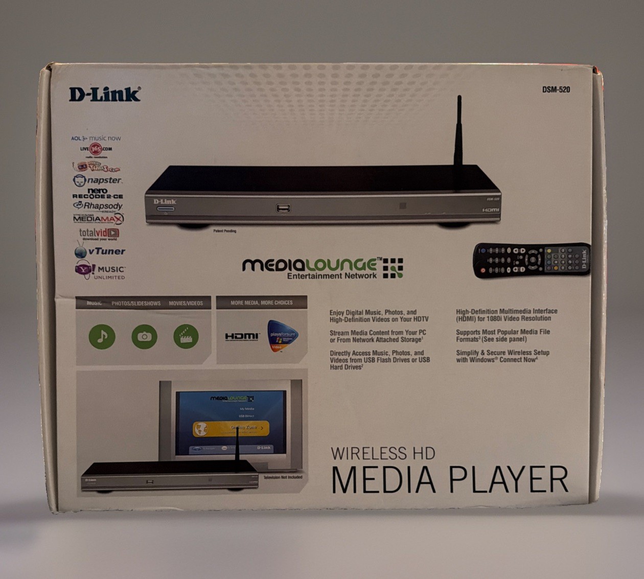 D-Link DSM-520 Wireless HD Media Player From PC To HDTV 1080i New Open Box.