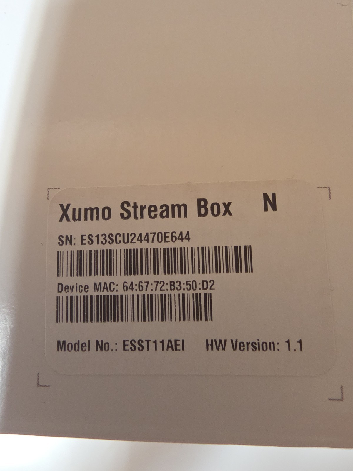 Xumo Stream Box 4K Streaming Device HW Version 1.1 Model ESST11AEI