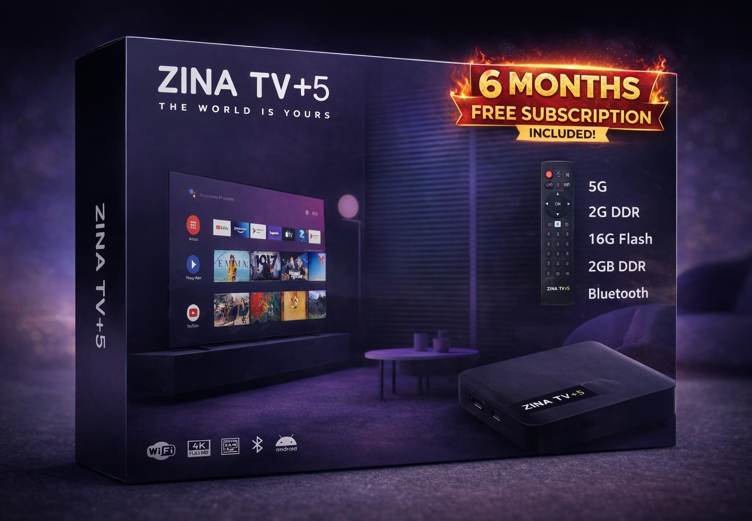 ZINA TV+5 Box | Android | 4K FULL HD | Wi-Fi | Bluetooth | 16G Flash | Black