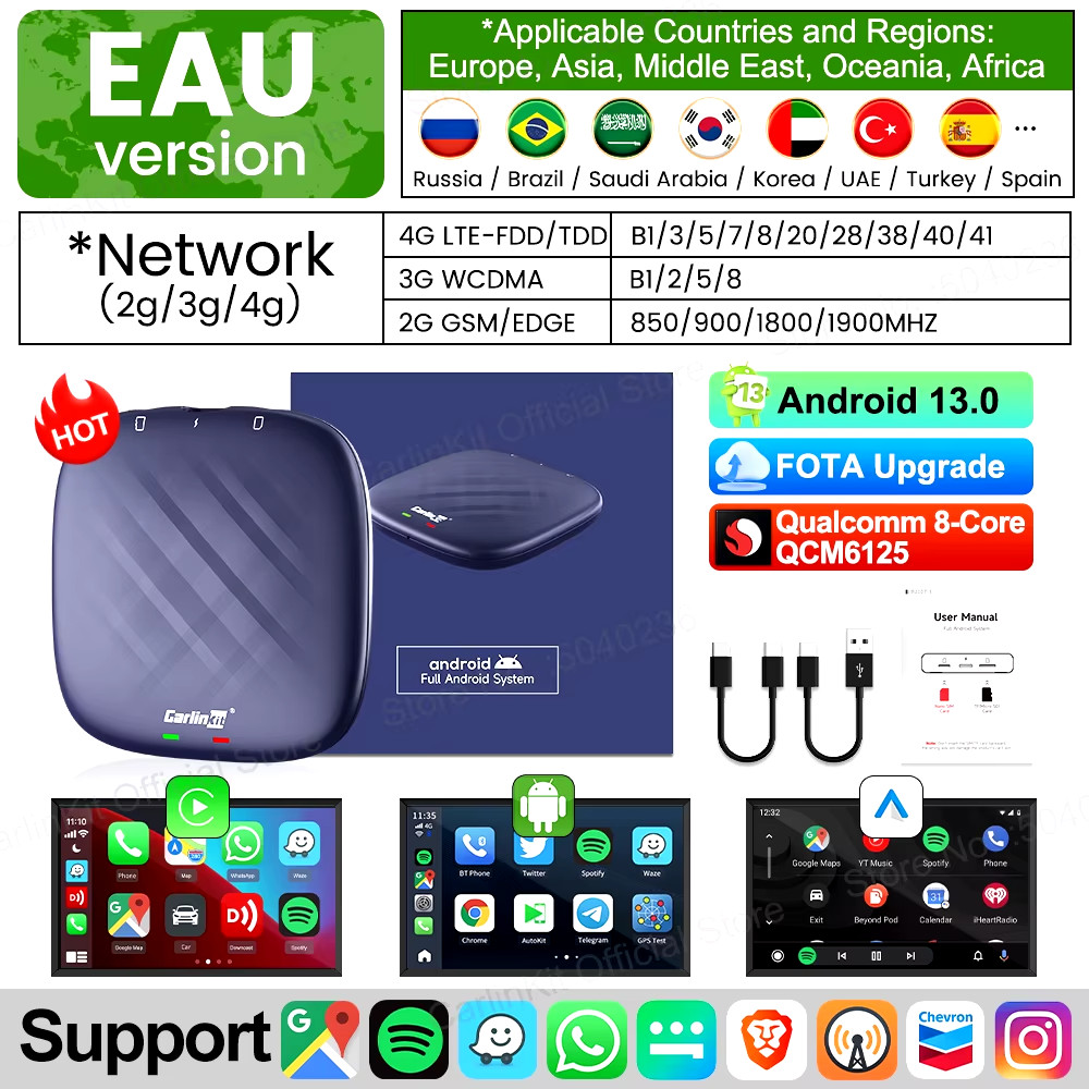 Wireless CarPlay & Android Auto Adapter for Android 13 with WiFi & Bluetooth