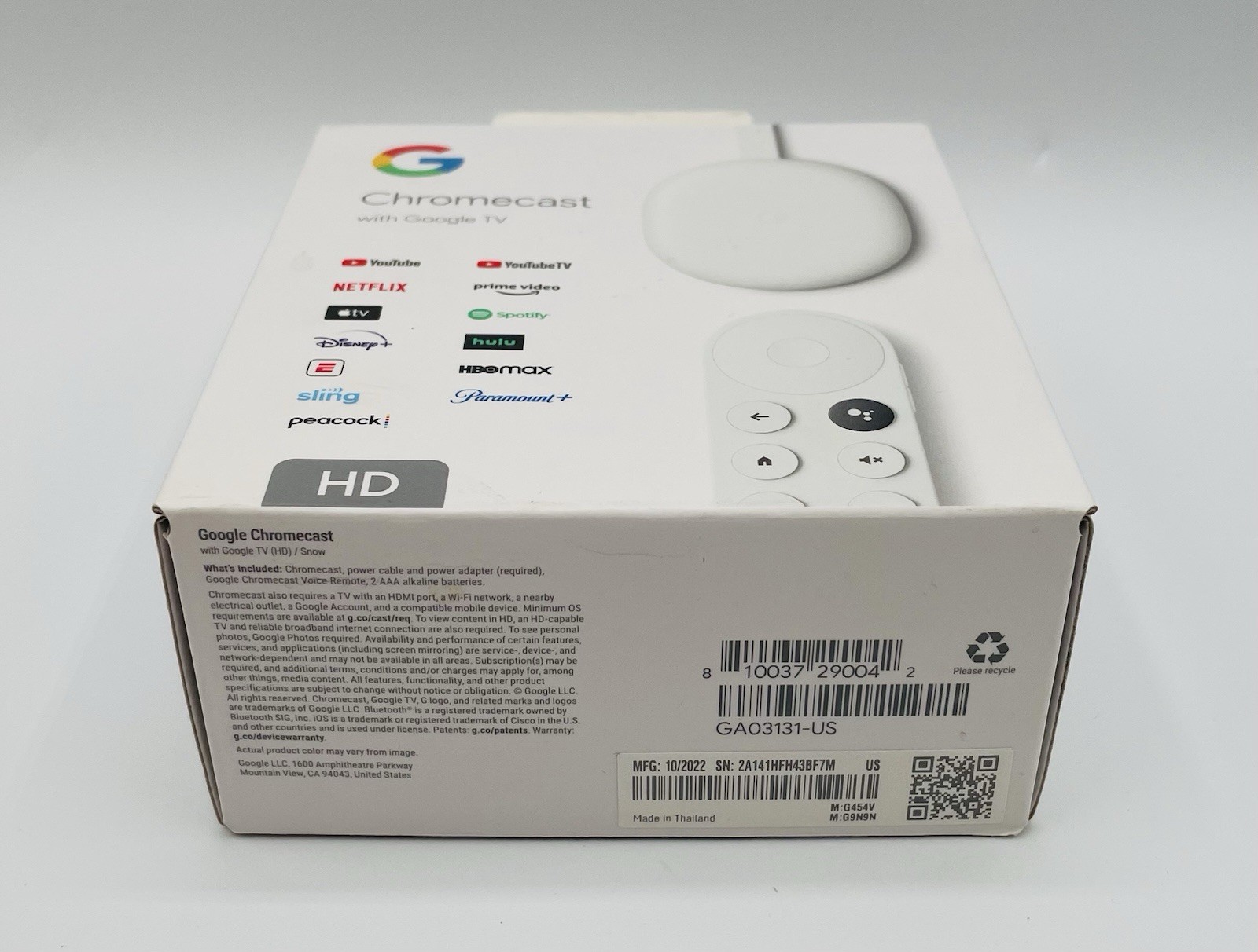 Google Chromecast with Google TV Media Streamer HD – Snow (GA03131-US) w/ Box!