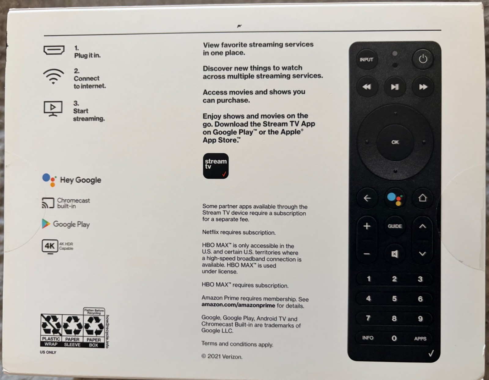 Stream TV 4K 2nd Gen by Verizon. With all Accessories & Remote ASK-STI6220 NEW