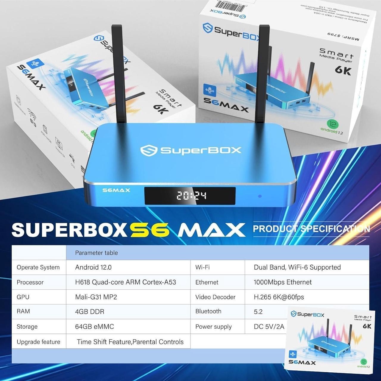 NEW 2025 Model Blue SuperBox S6 Max Keyboard remote BlueTooth-box free apps
