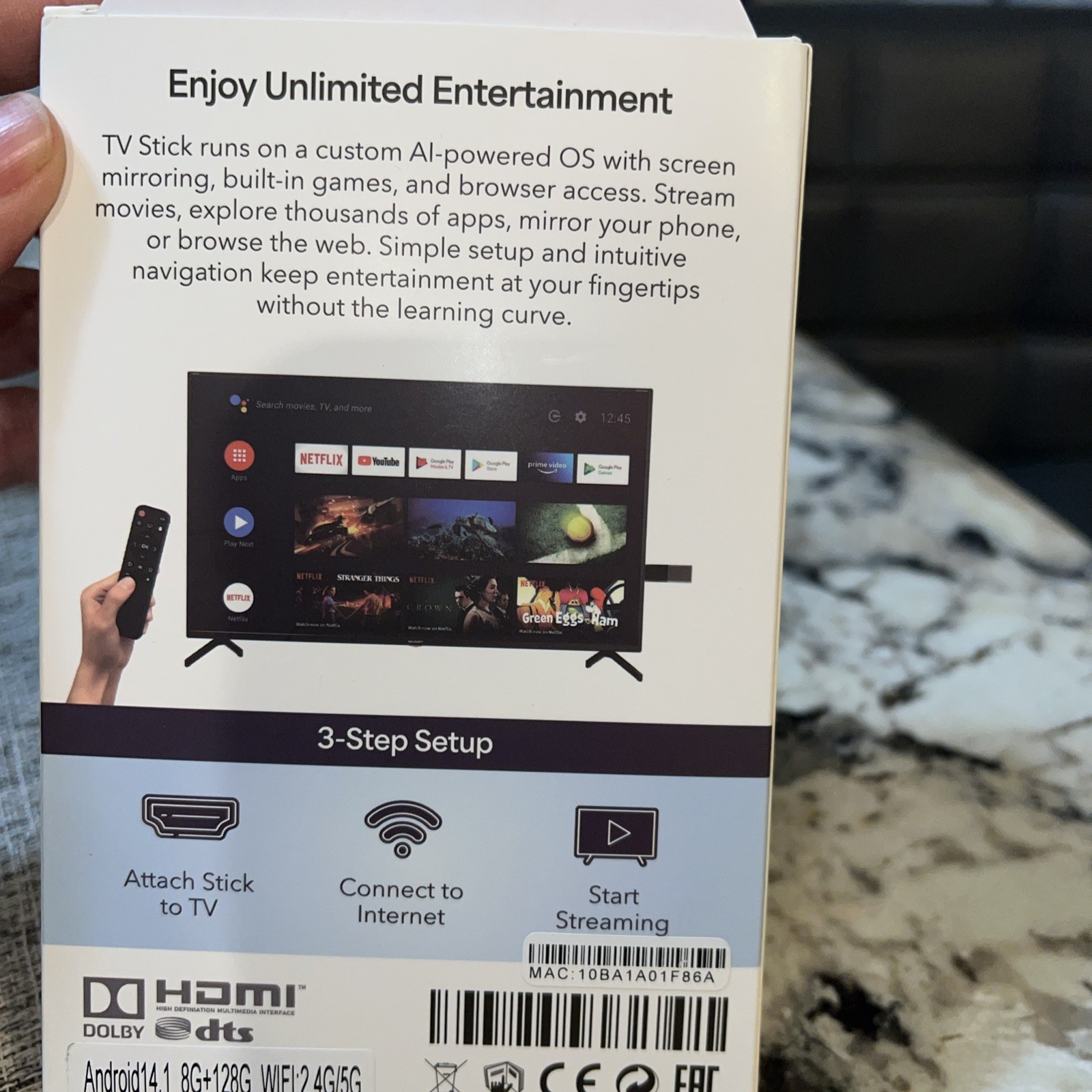TV stick 4k Android 14.1 8G+128G WIFI:2.4G/5G Chromecast built-in