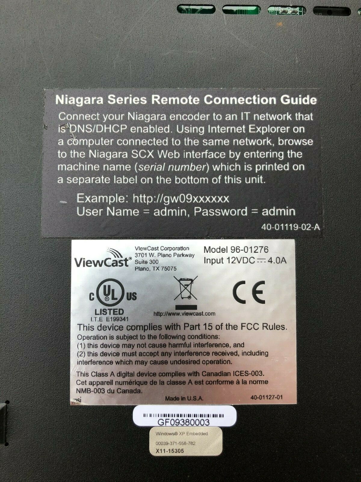 ViewCast Niagara 2100 Digital Media Streamer (Encoding Appliance) 96-01275 AS IS