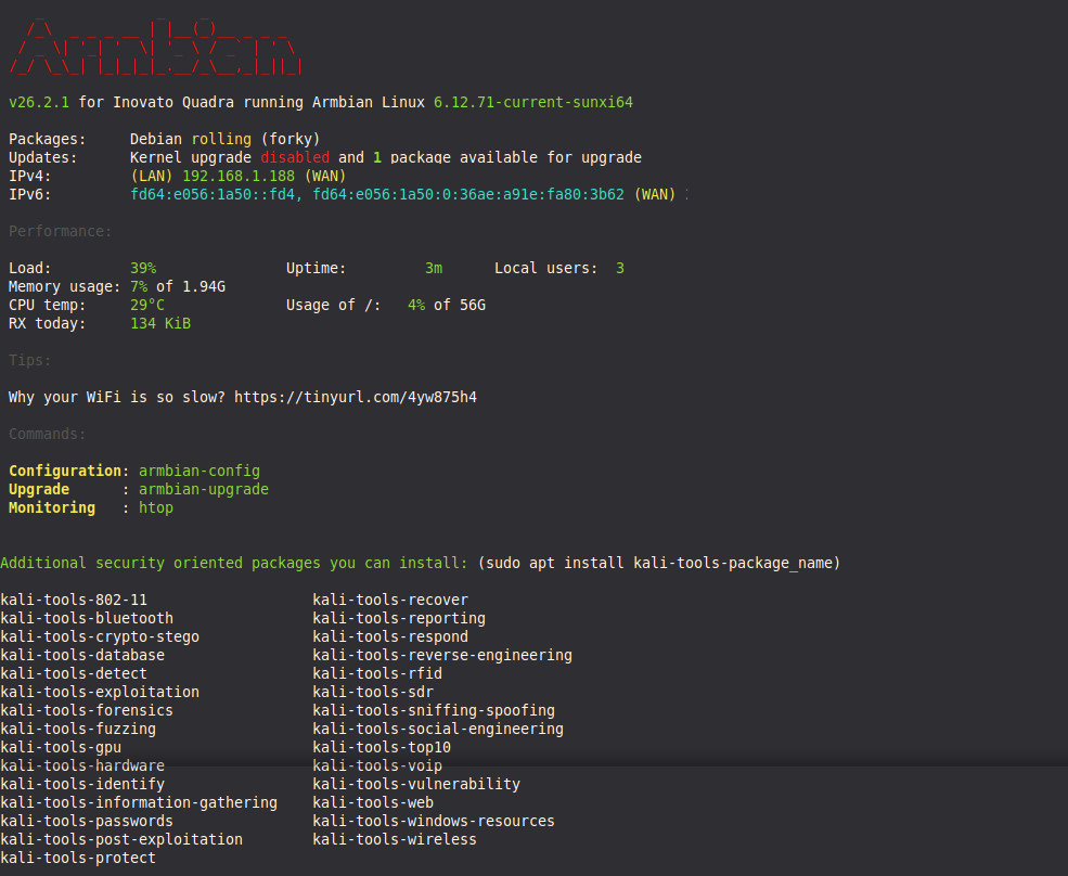 Armbian-Security with Kali Linux on a repurposed Android TV box fast EMMC speed