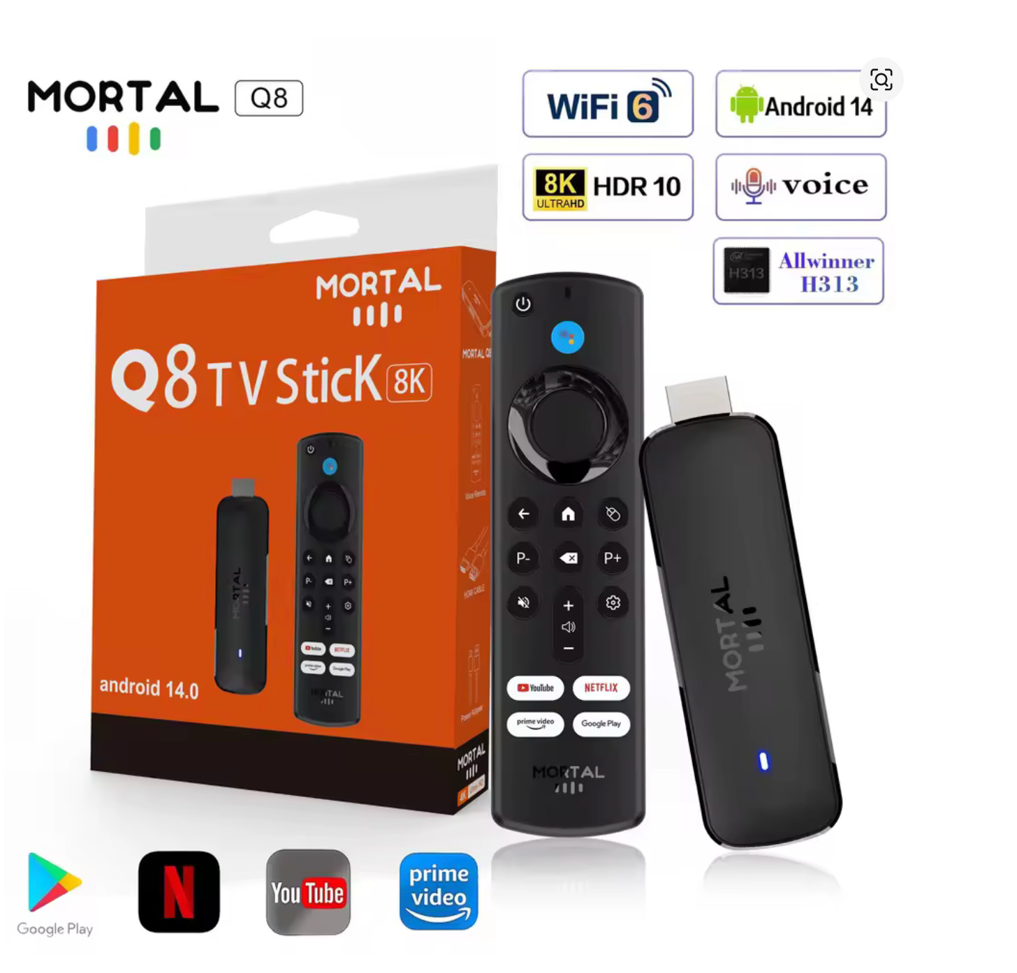 Mortal Q8 Android14 TV stick WIFI6 Voice Control TV stick 8K video Allwinner H31