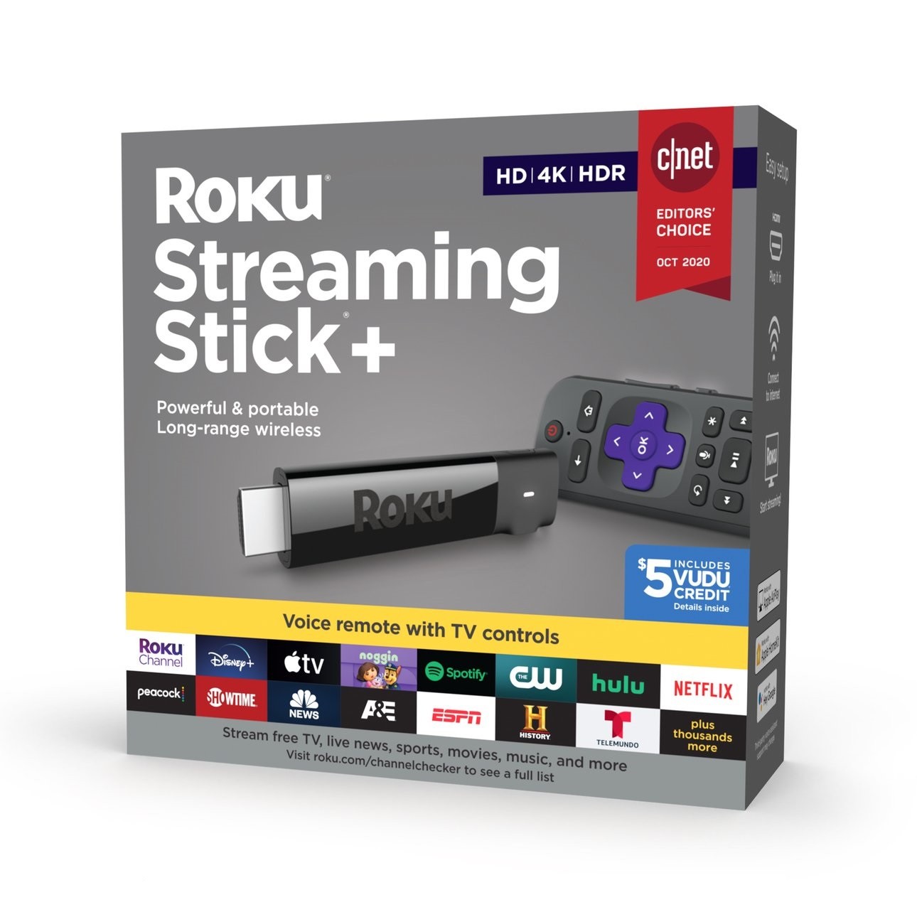 Roku 4K HDR Media Streaming Stick + Voice Remote w/TV controls