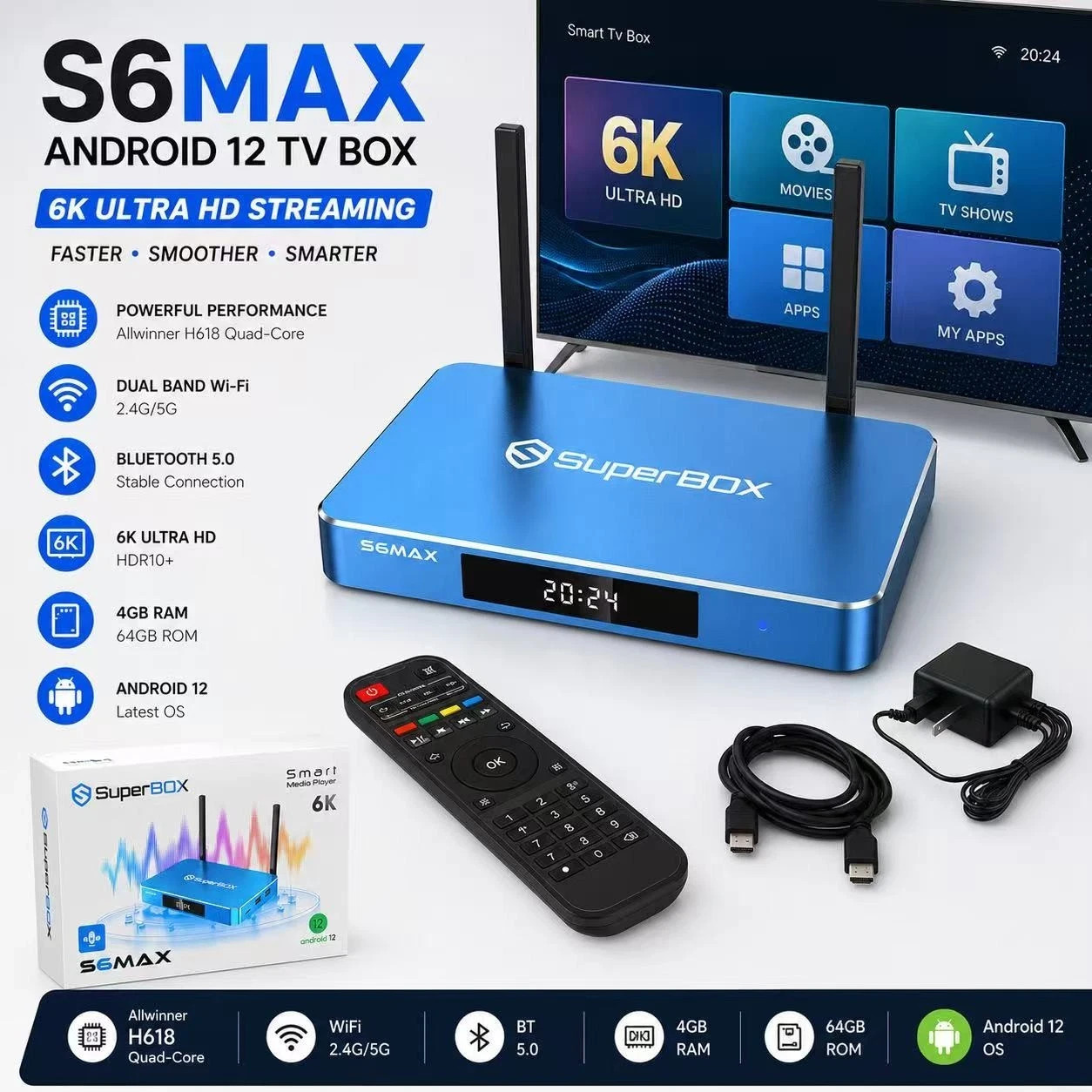 SuperBox S6 Max 6K Android TV Box Blue Dual Band WiFi 6 HDMI 64GB Dolby Digital