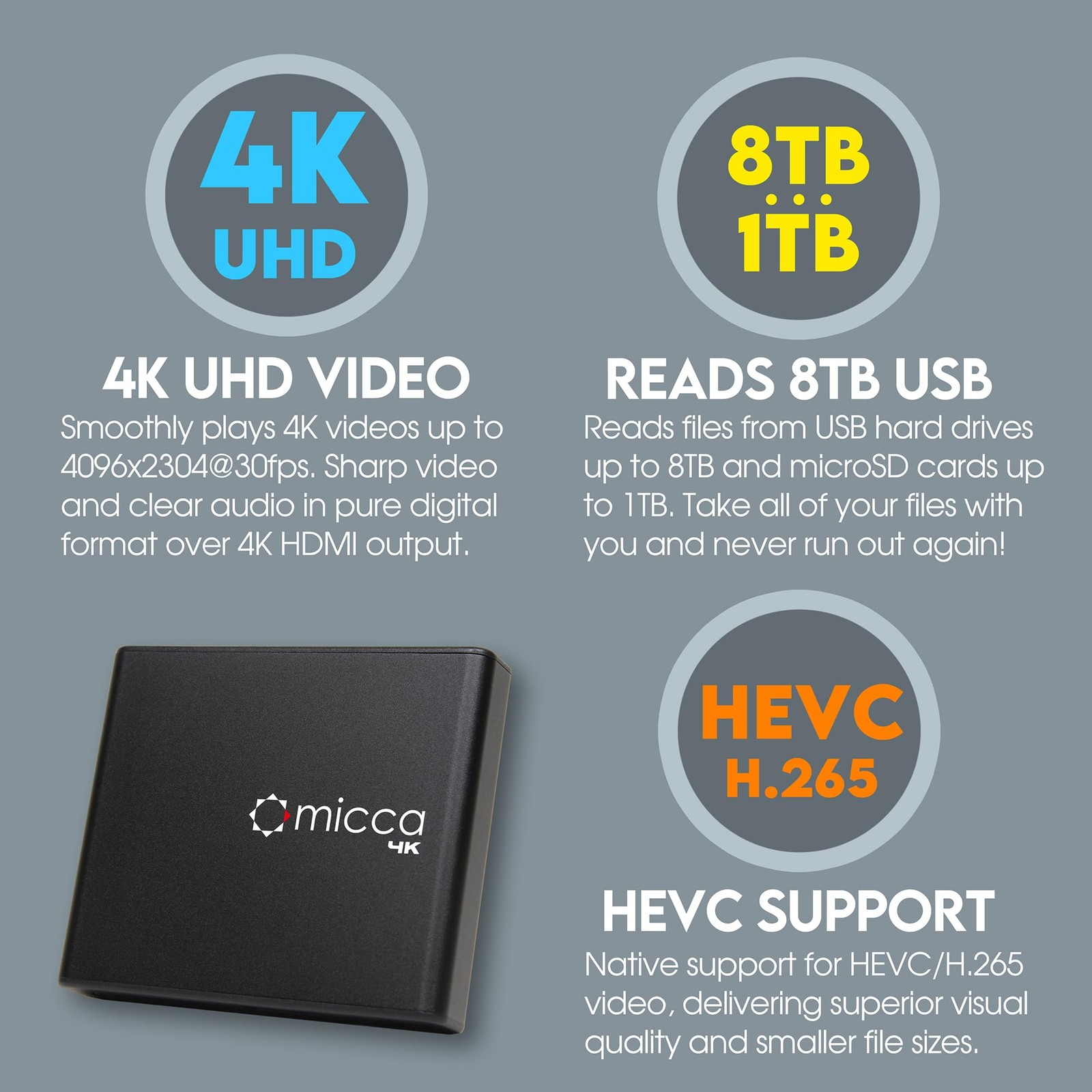 Micca 4K Ultra-HD Digital Media Player – USB Drives, MicroSD, HDMI, AV, Aut