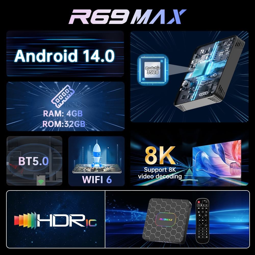 Android 14 TV Box 2026, R69 Max Android Box with 4GB RAM 32GB ROM RK3528 Quad…