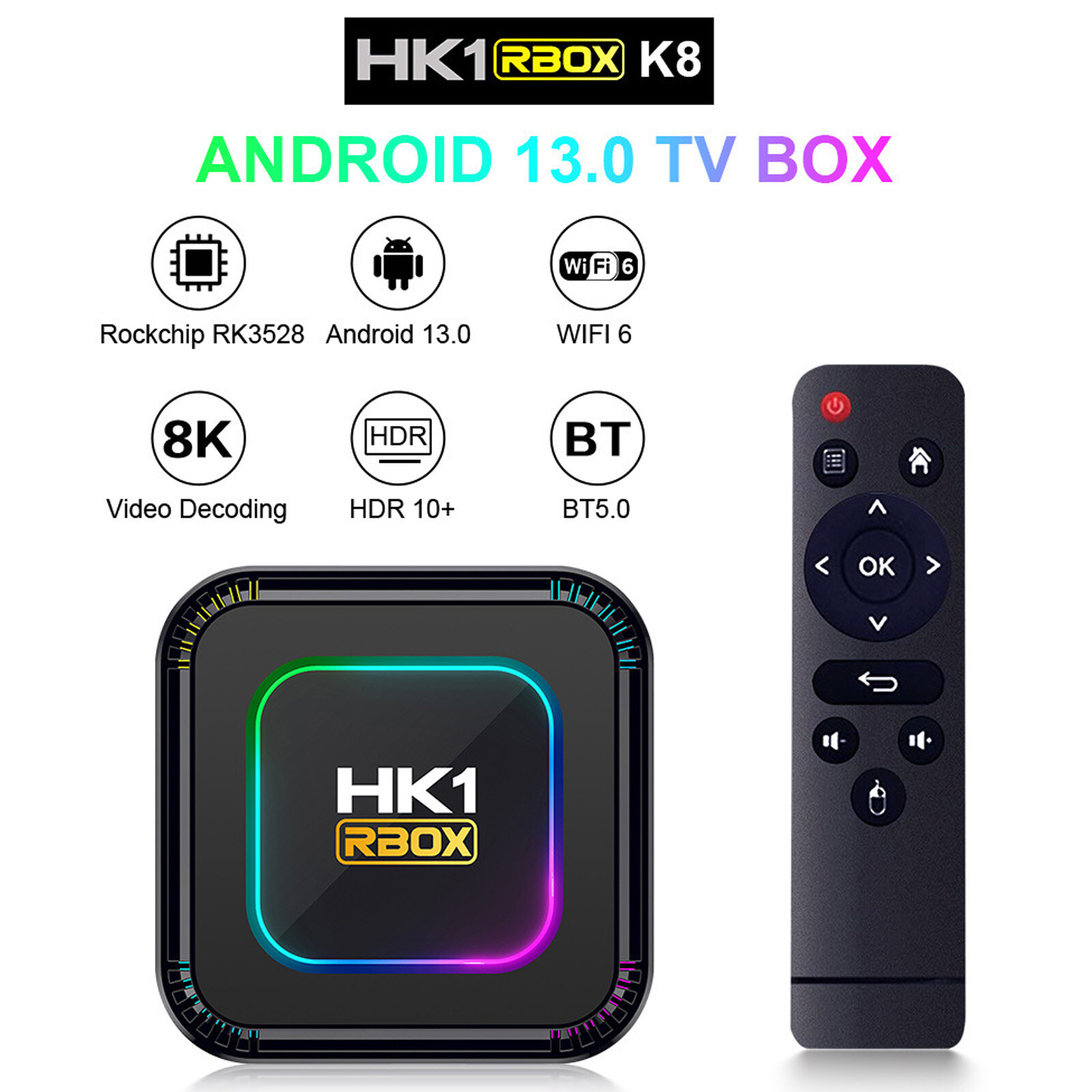 HK1 Smart TV Box Android 13 Quad Core 8K Media Player Dual WIFI6 BT5