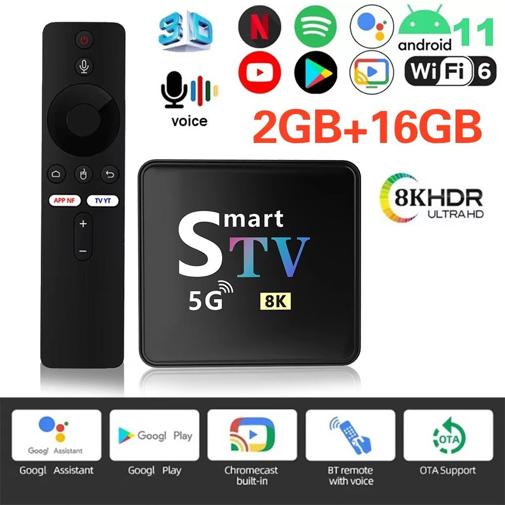 Android 11 Smart TV Box 2GB+16GB 8K HDR WiFi6 BT Voice Remote OTA Media Streamer