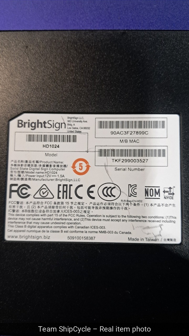Brightsign HD224 Digital Signage Media Player HDMI 4K With AC adapter G2U