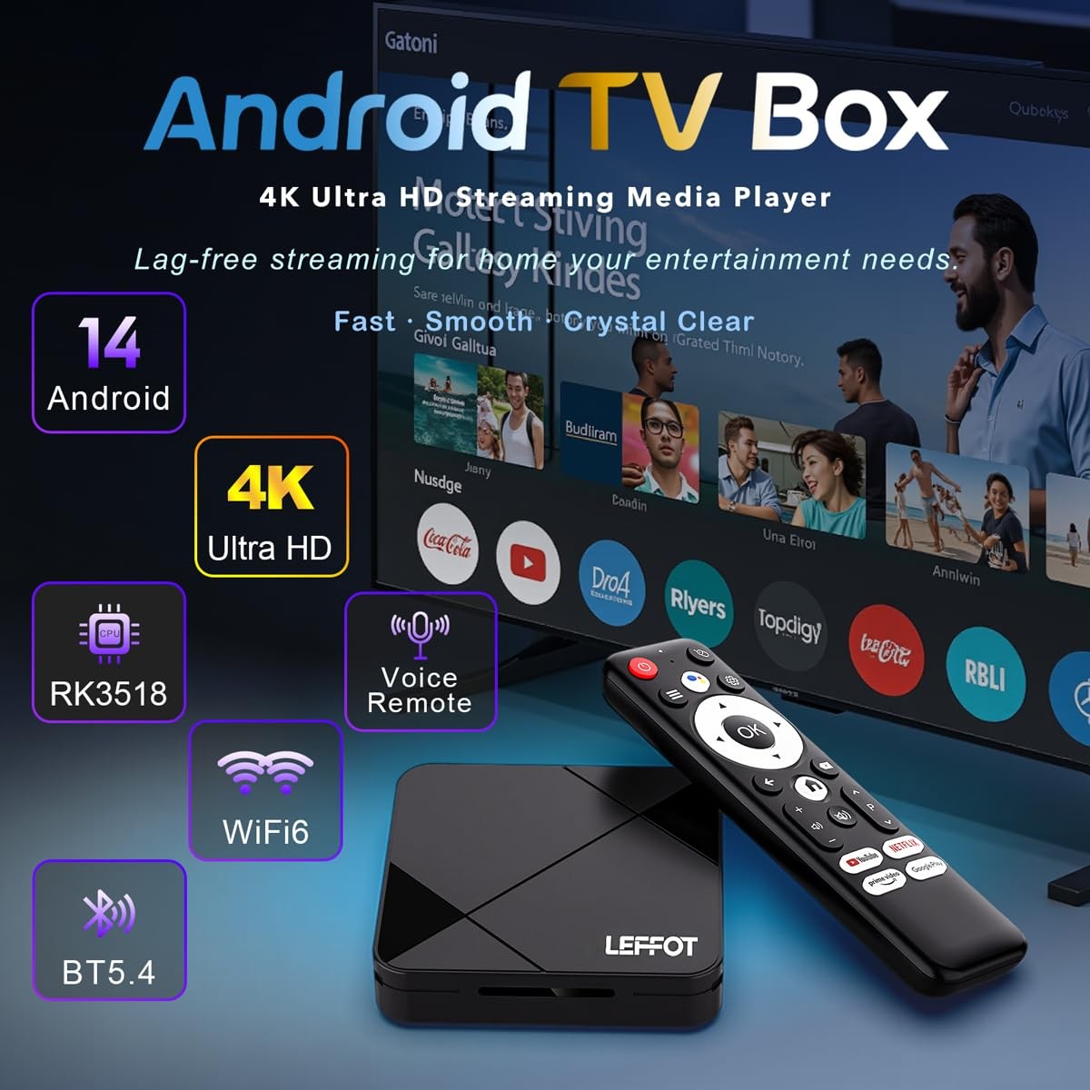 Android 14.0 Tv 2025 Leffot Rk3518 4K Ultra Hd Streaming Device For Tv 2Gb Ram