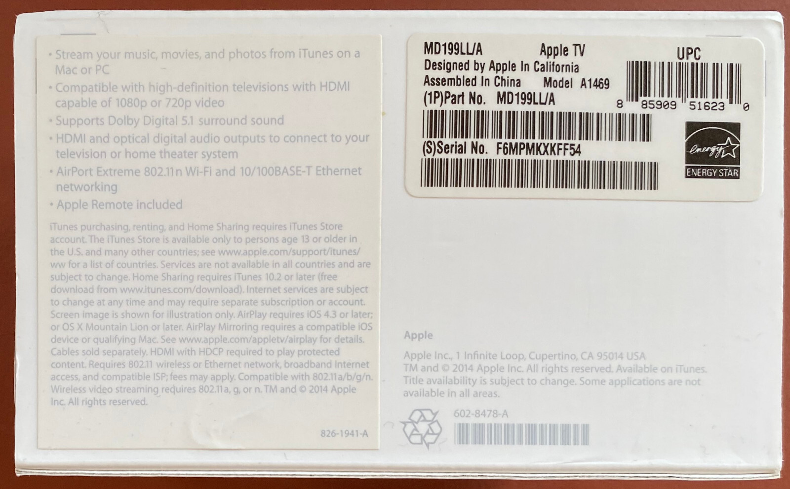 Apple TV (3rd Gen) 1080P or 720P video, Model A1427, MD199LL/A, Optical Audio