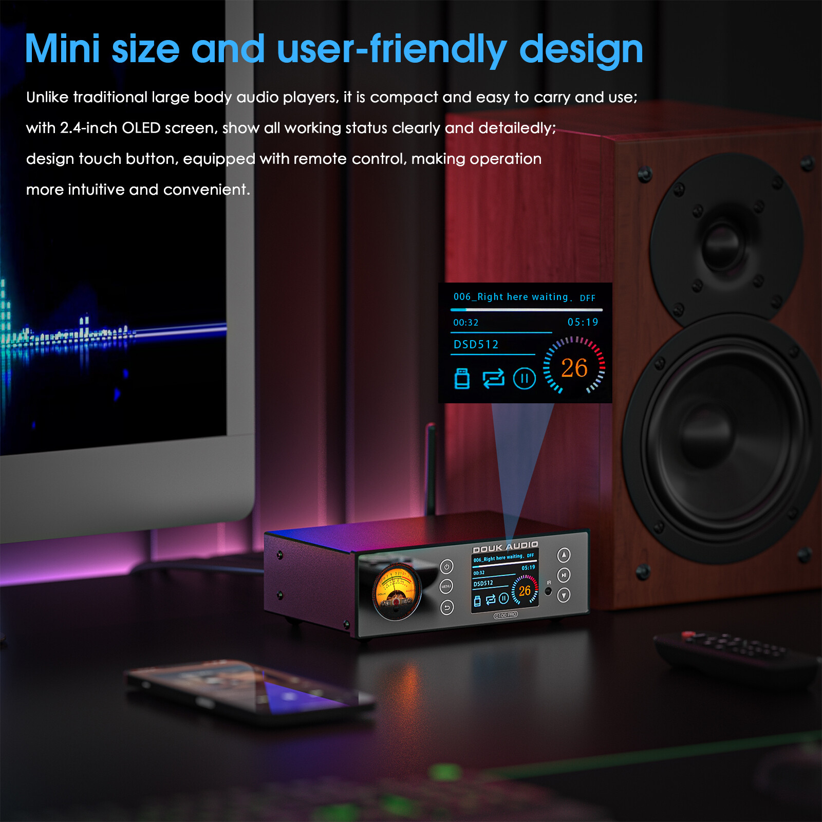 Douk Audio C100 PRO Hi-res ESS9038 Preamp Bluetooth Streamer Player DSD512