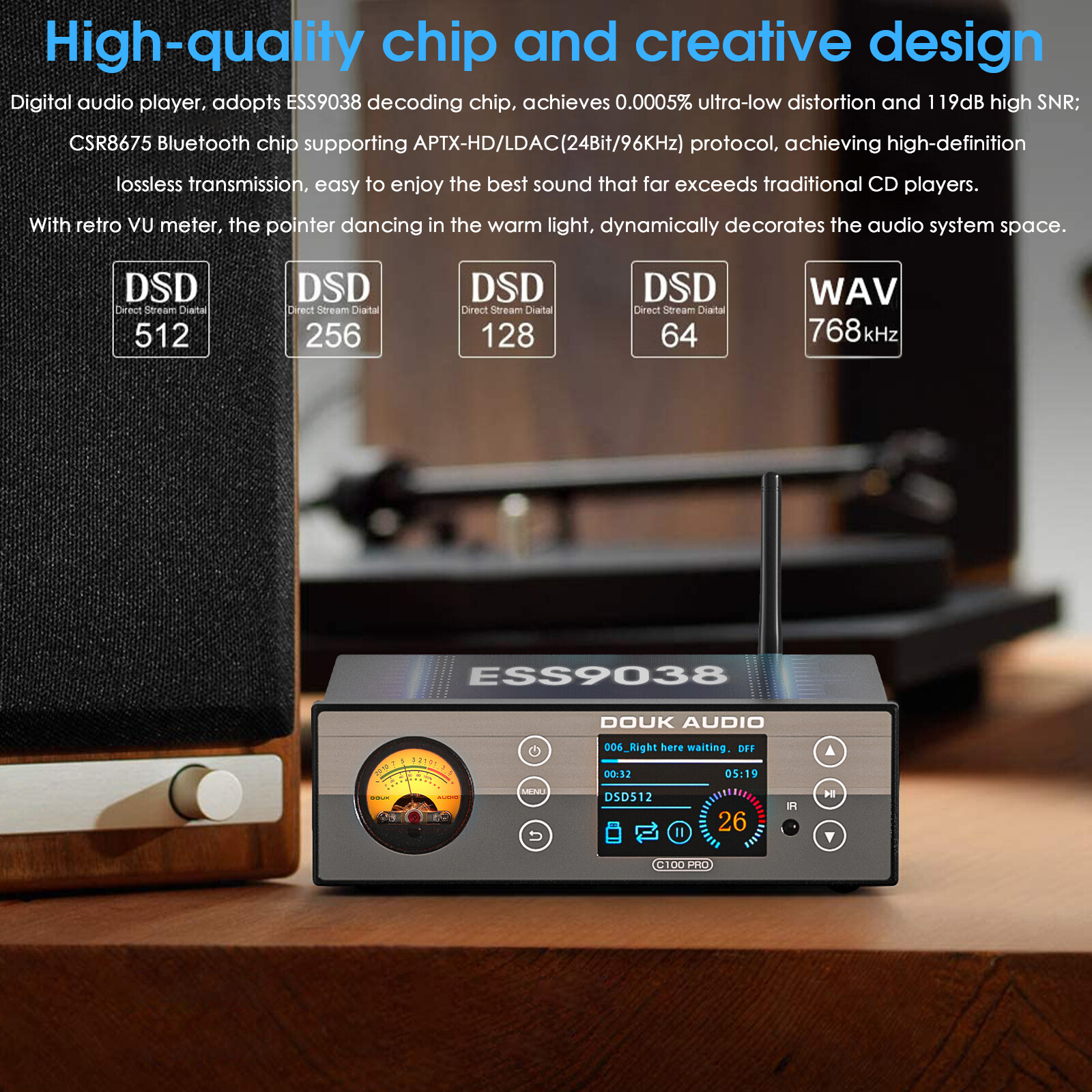 Douk Audio C100 PRO Hi-res ESS9038 Preamp Bluetooth Streamer Player DSD512