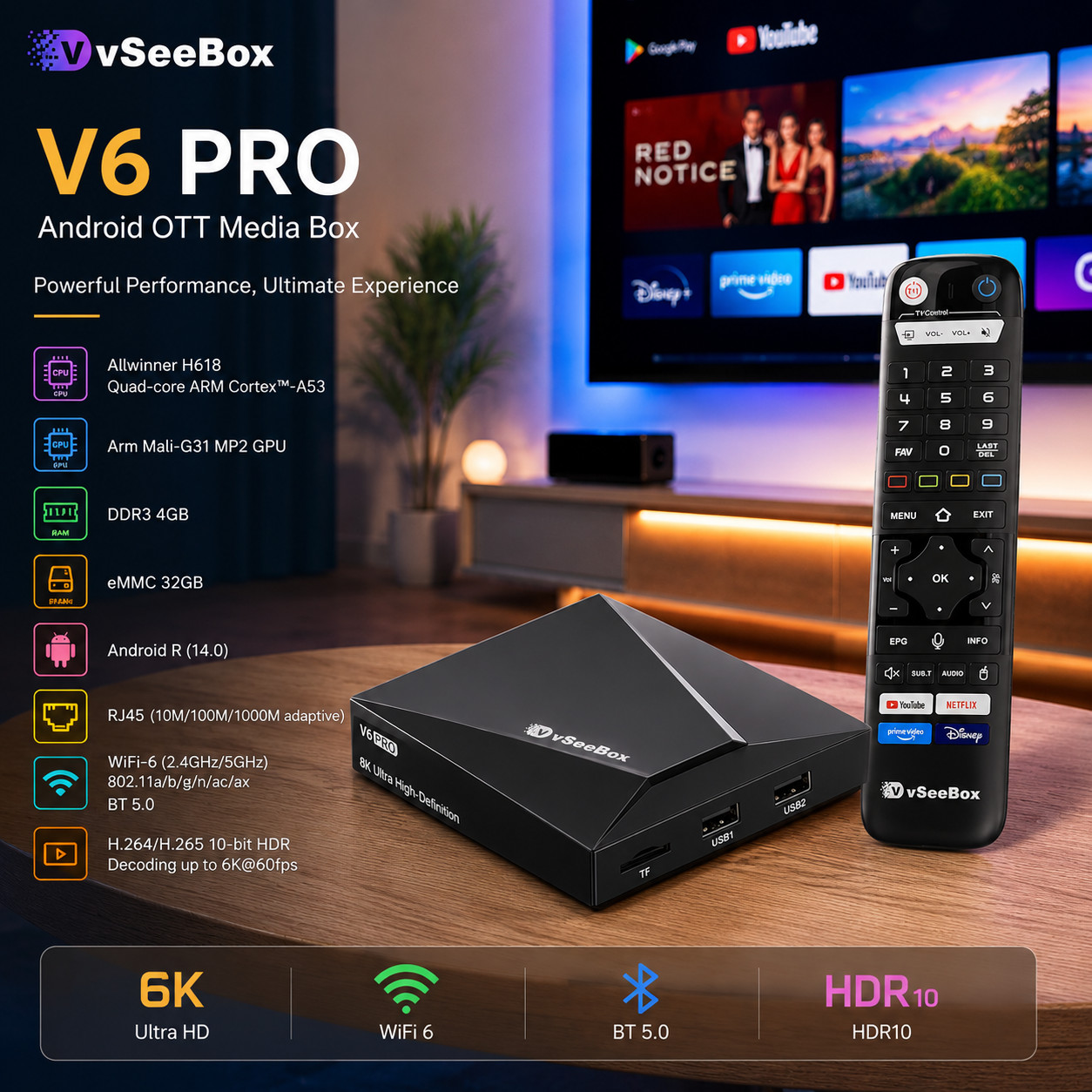vSeeBox V6 Pro Android 14 TV Box 4GB+32GB 8K HDR WiFi6 Bluetooth5.0 Media Player
