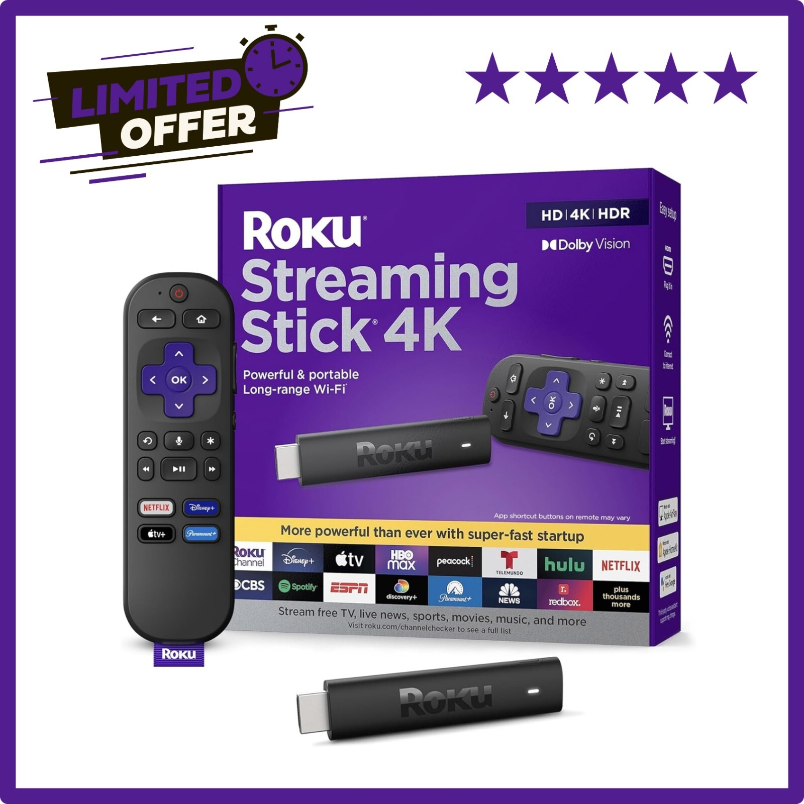Roku Streaming Stick 4K/HDR/Dolby Roku Voice Remote and TV Controls
