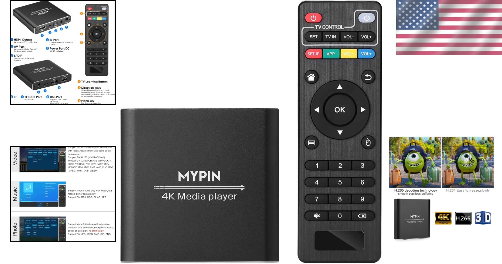 Compact 4K Media Player with Remote & Dual USB Ports – HDMI 7.1 Surround Sound