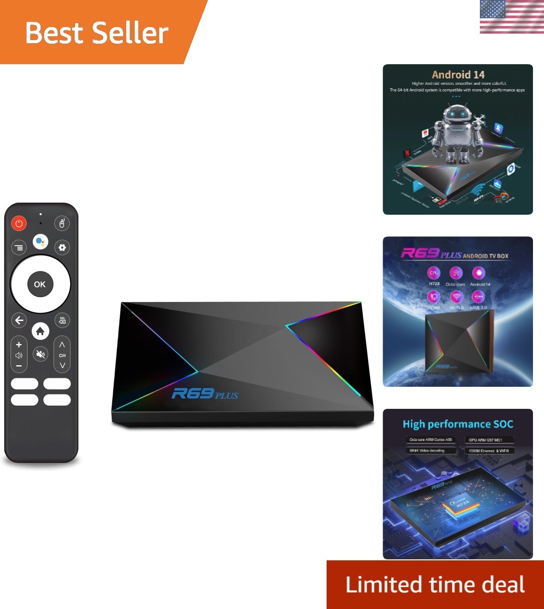 Android 14.0 R69PLUS Box – 4GB RAM, 32GB, 8K Resolution & Dual WiFi Connectivity