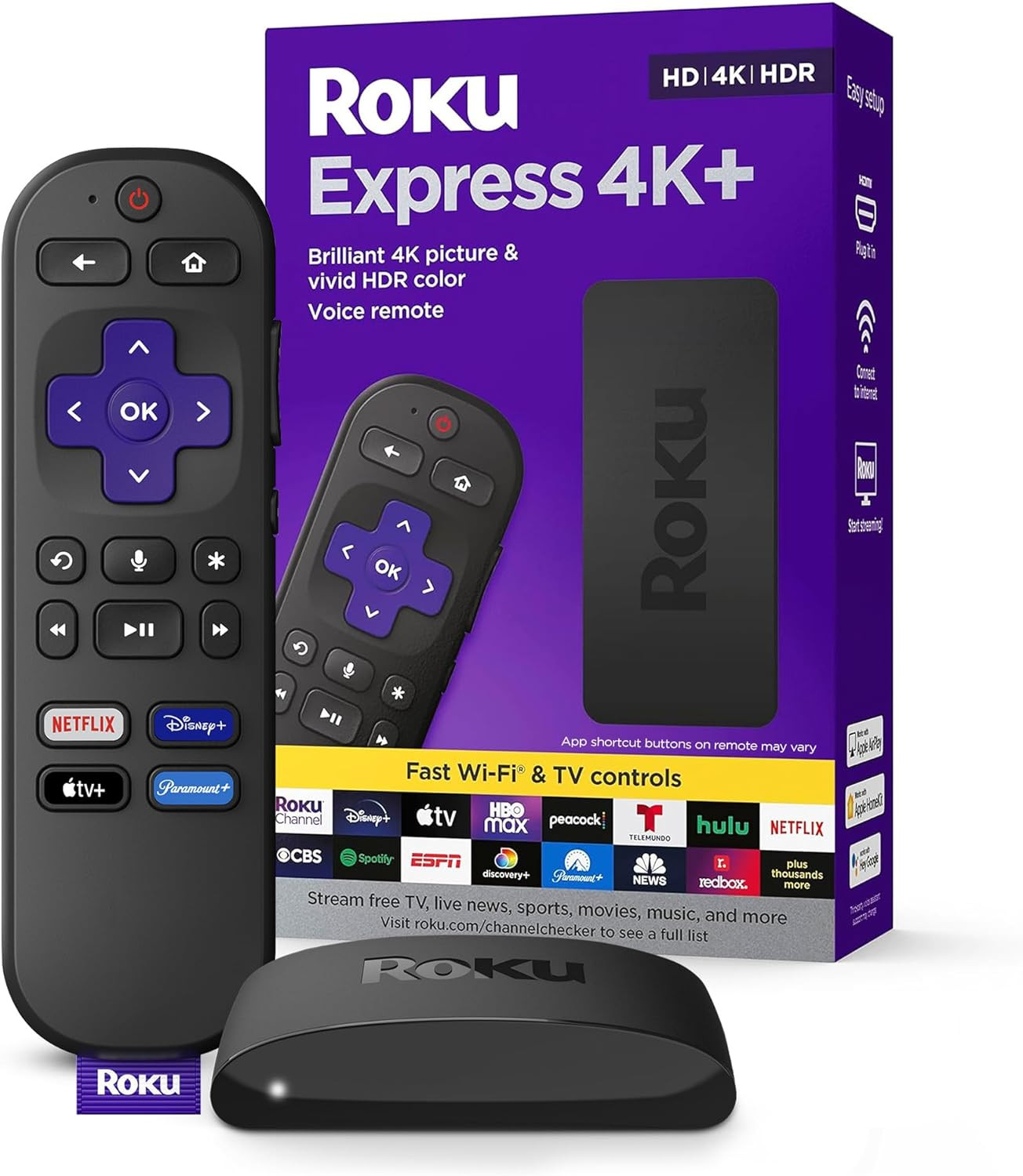 Roku Express 4K+ | Roku Streaming Device 4K/HDR, Roku Voice Remote, Free & Live