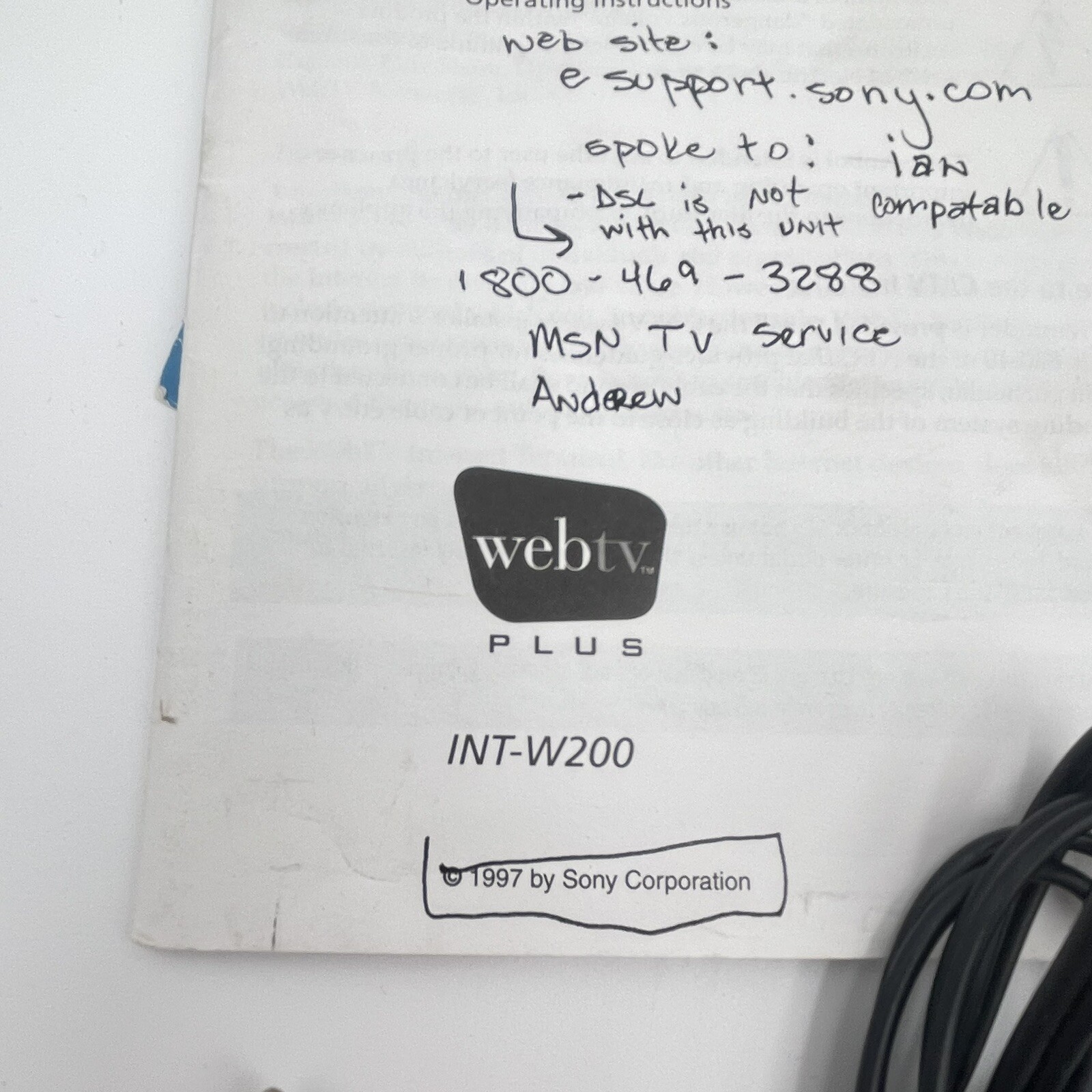 Sony Web TV INT-W200 Webtv: REPLACEMENT PARTS Manual & Cords & Reference Guide