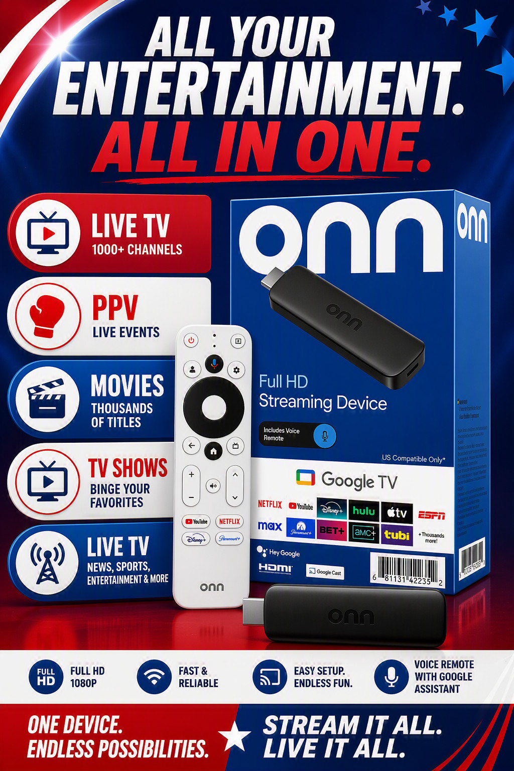 New Onn Full HD Streaming Device, Google TV | Fully Programmed | Live TV Ready