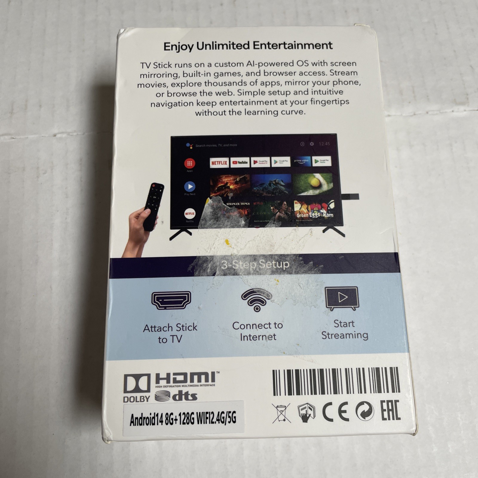 New In Box 4K Ultra HD TV Stick Plug N Play Android – Slight Box Damage