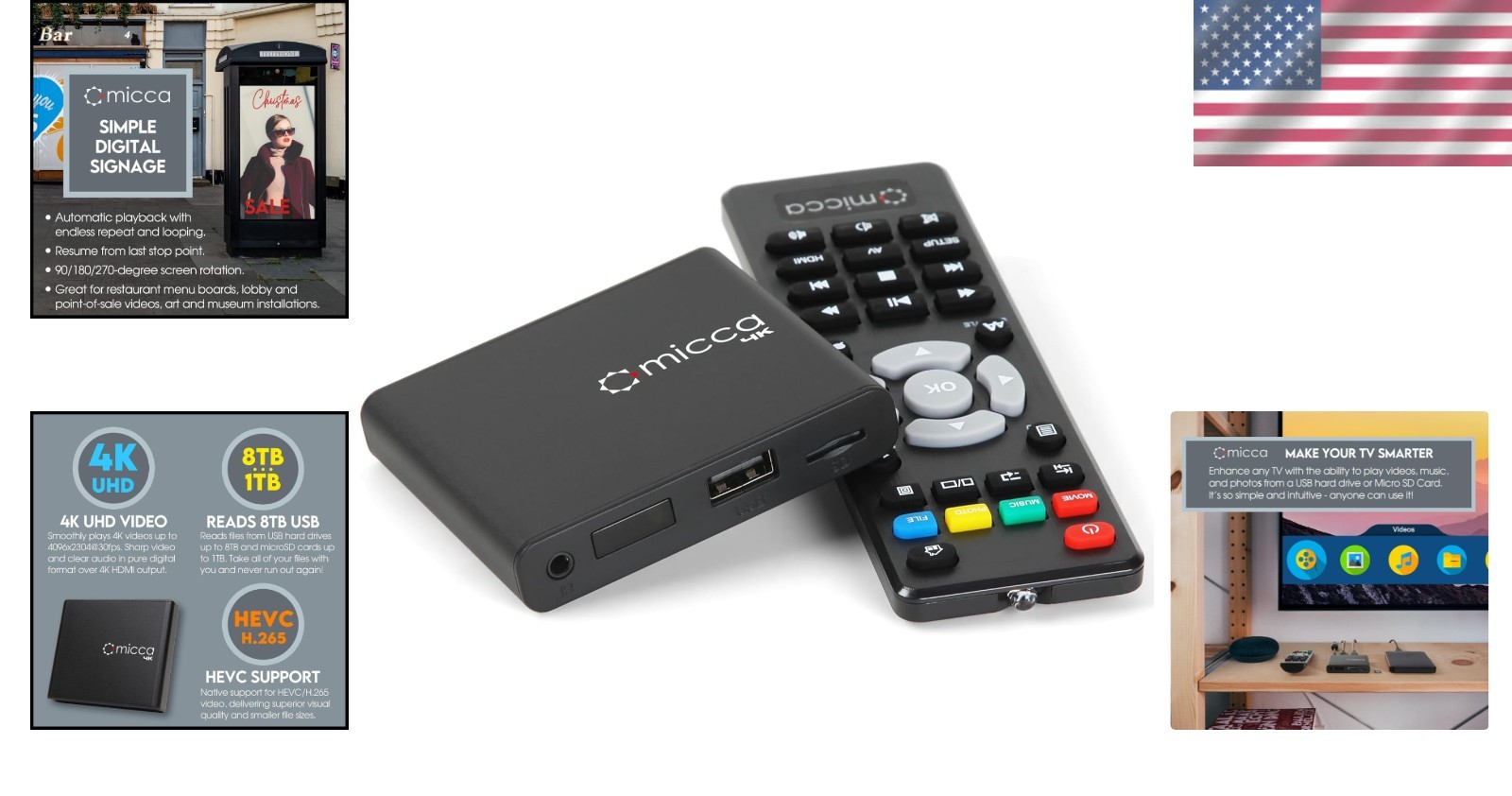 Compact 4K Media Player for USB & MicroSD – HDMI, Analog AV