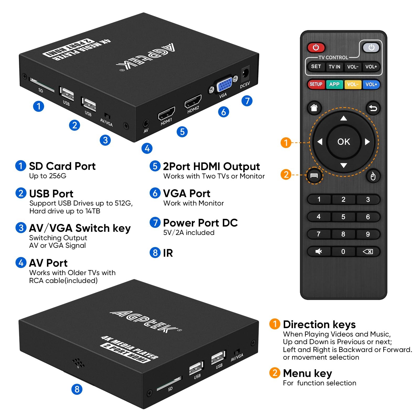 4K30Hz Media Player with Dual HDMI, AV/VGA Output, 4K HDMI Splitter, Digital …