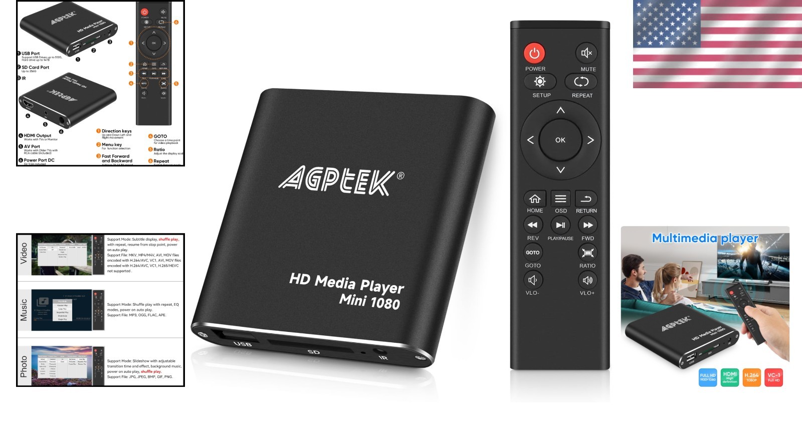 Compact 1080p HDMI Digital Media Player with USB and Remote Control Features