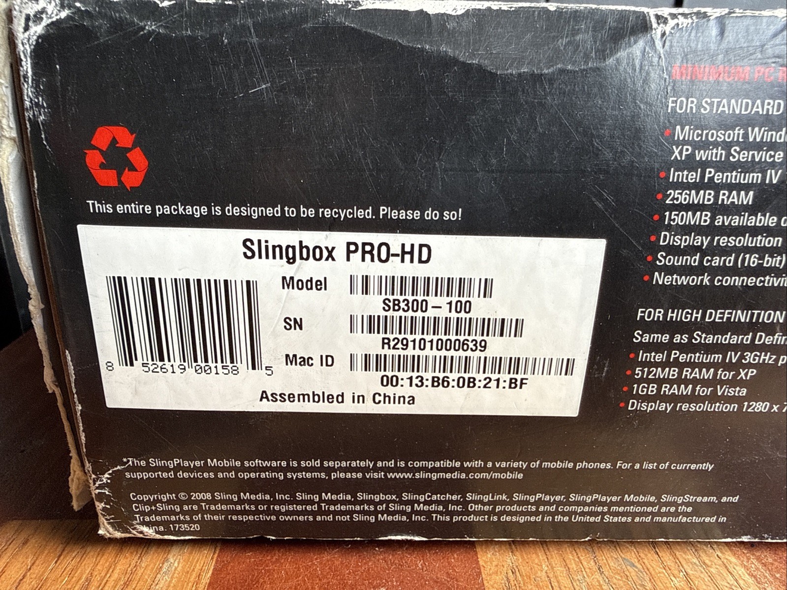 Slingbox Pro-HD SB300-100 Digital Media Streamer Used