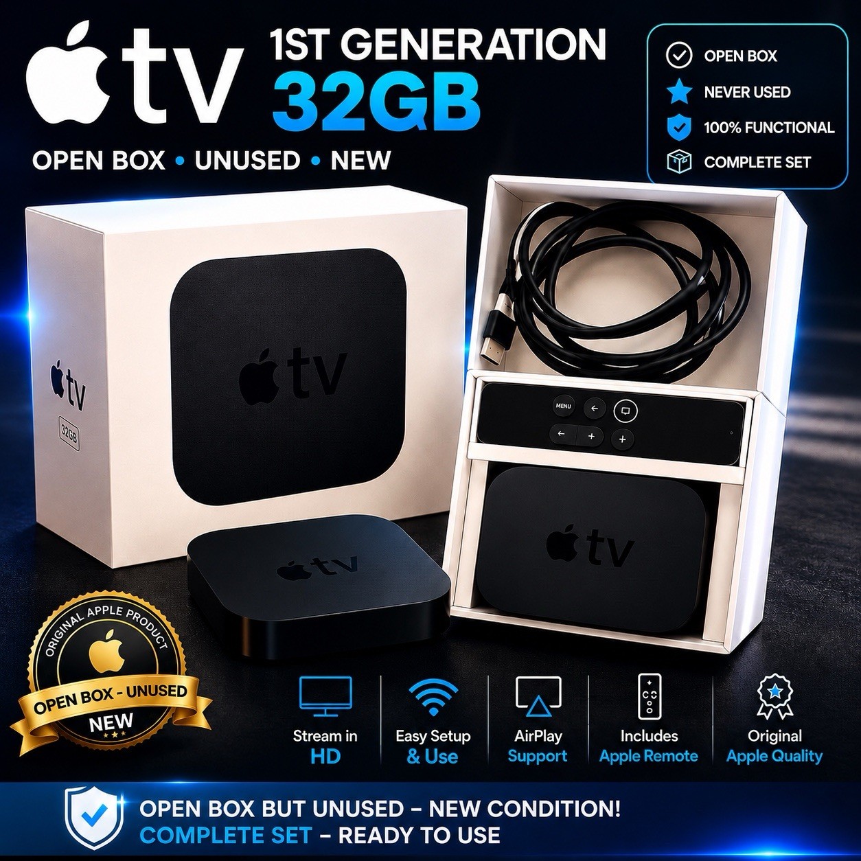 Apple TV HD 32GB 1st Gen NEW Open Box Never Used Complete w/ Remote