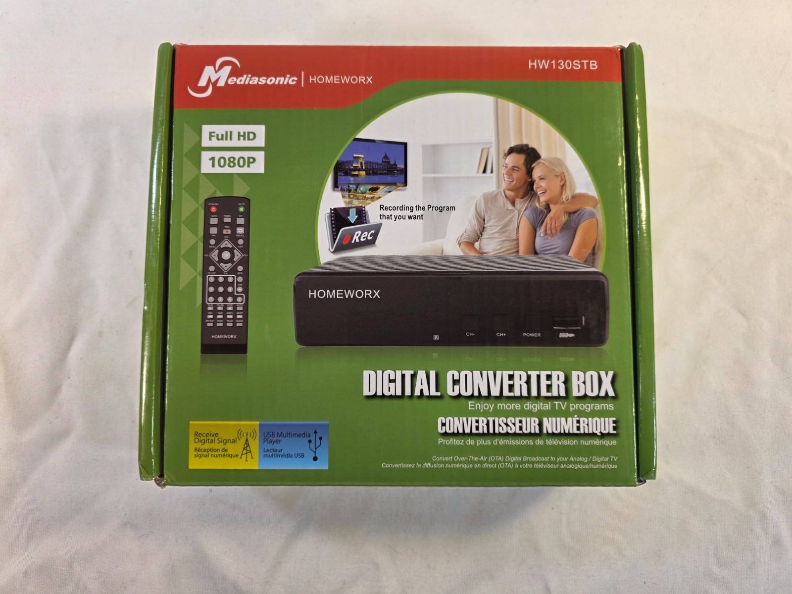 Mediasonic HomeWorx HW130STB Digital Converter Box 1080p ATSC DVR USB PVR Remote