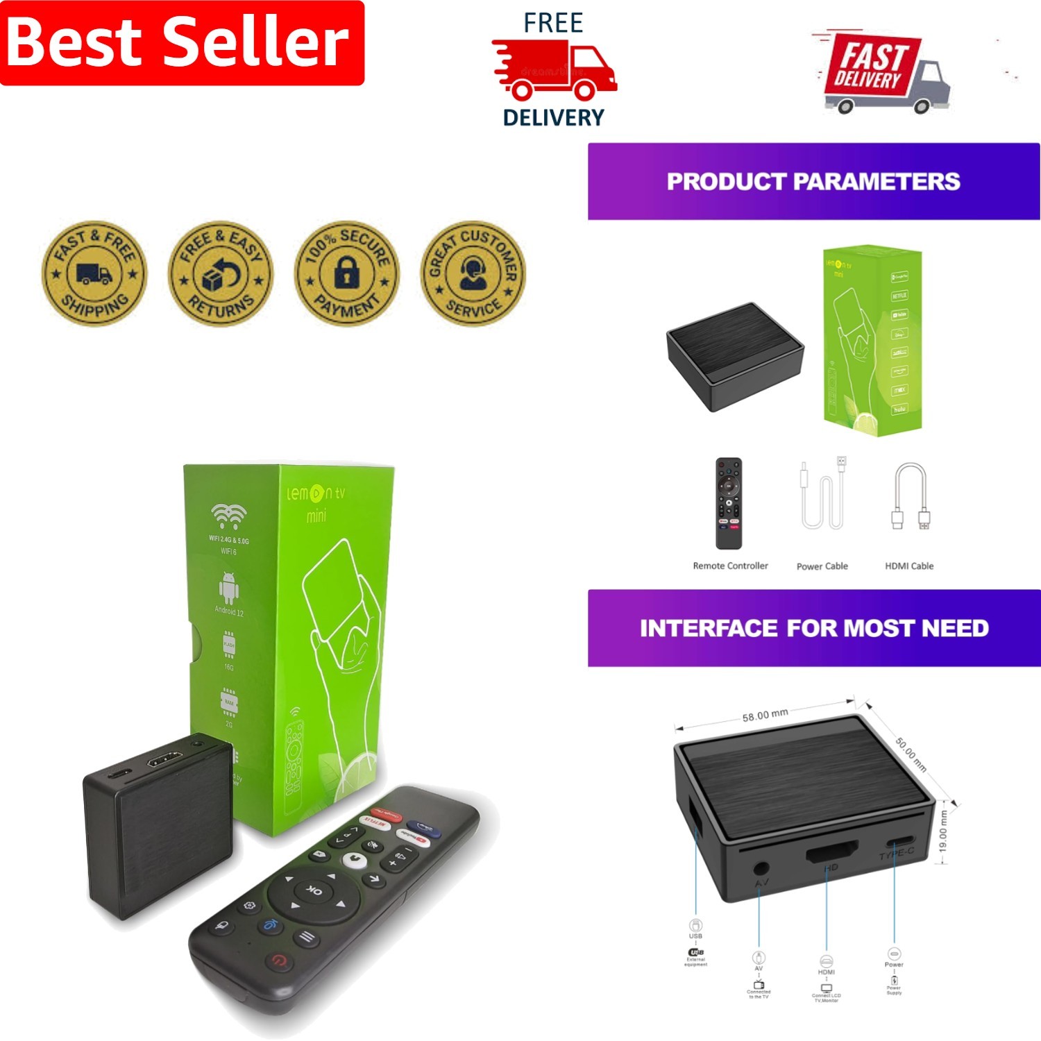 High-Performance Lemon Mini Android TV Box 12.0 – 4K Resolution & Voice Control