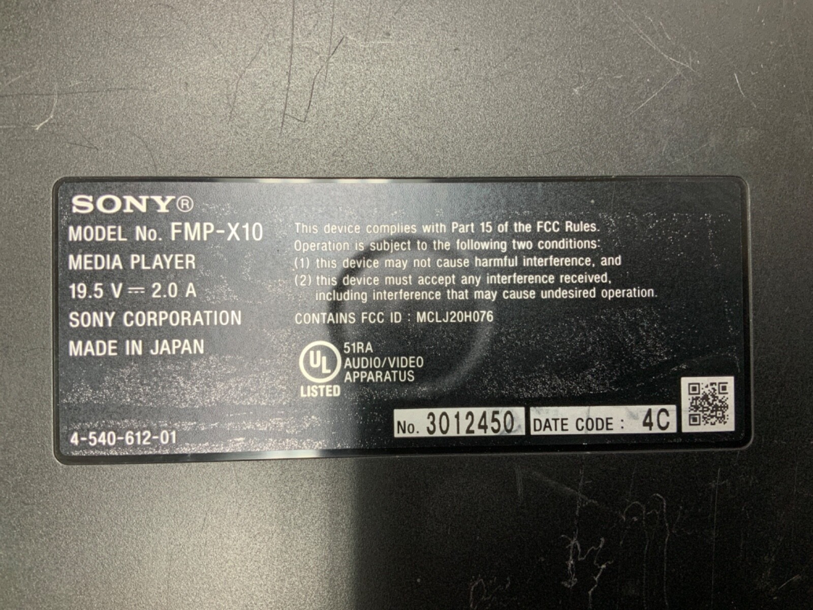 Sony FMP-X10 FMPX10 4K Ultra HD Media Compatible with Sony 4K TURNS ON~UNTESTED