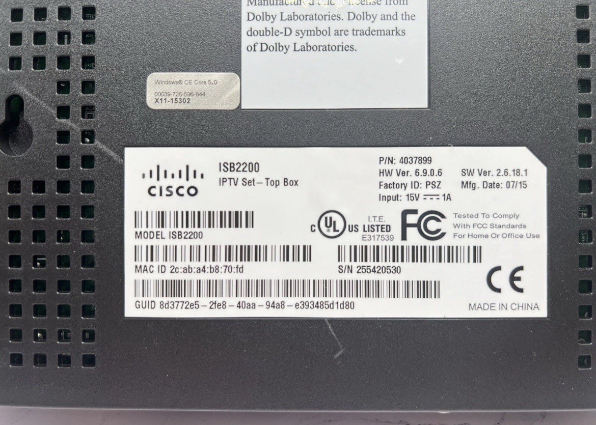 Cisco Dolby Digital Plus HDMI Model ISB2200 (IPTV Set-Top Box) Very Good.