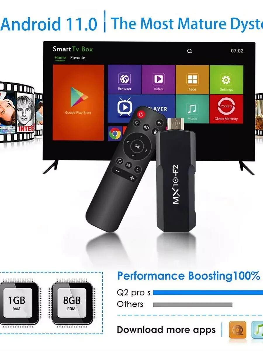 Stick Tv 1gb 8gb 1 unit android 2025 stb mx10 F2 tv box 4k