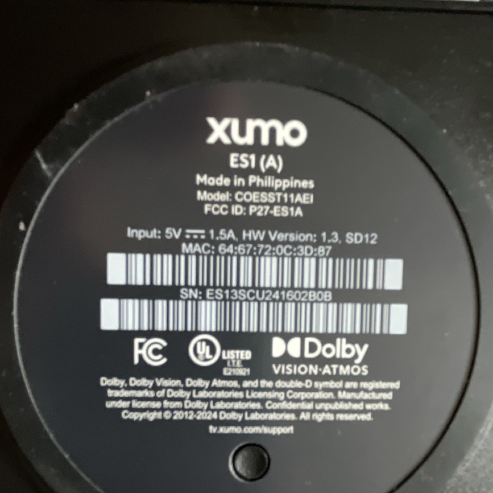 Xumo ES1 (A) Digital HD Media Streamer Wi-Fi Dolby Vision Atmos with Remote