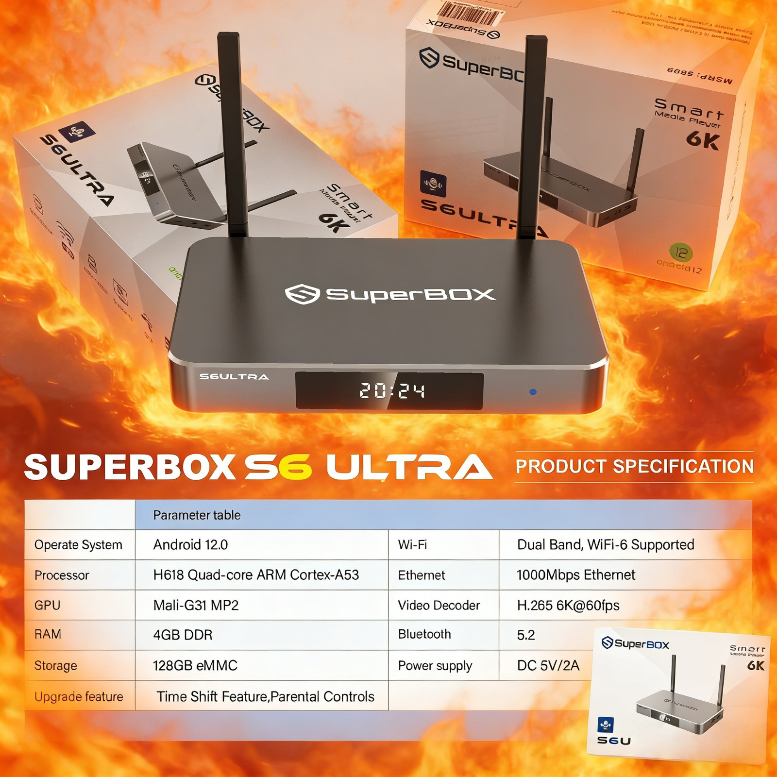 Family Friendly SuperBox S6 Ultra TV Box 128GB WiFi6 7-Day Playback Parental