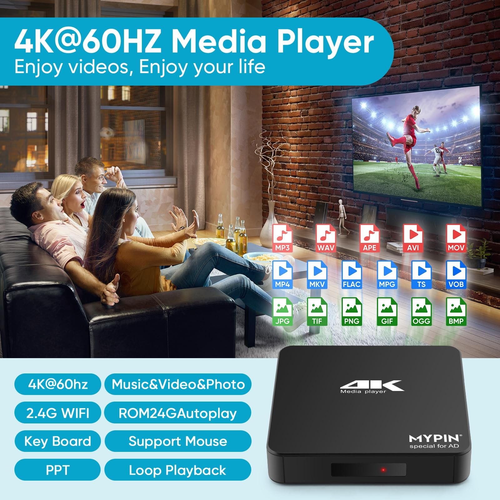 4K60hz MP4 Media Player Support 8TB HDD/ 256G USB Drive/SD Card with HDMI/AV …