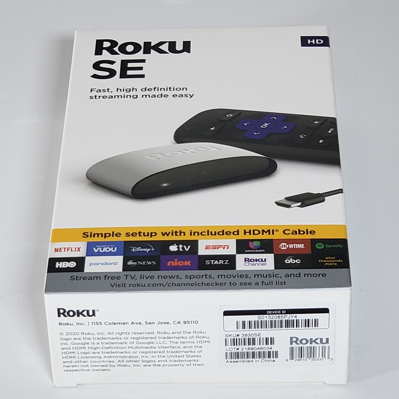 Roku SE HD Streaming Media Player 3930SE Remote Control HDMI Cable Brand New