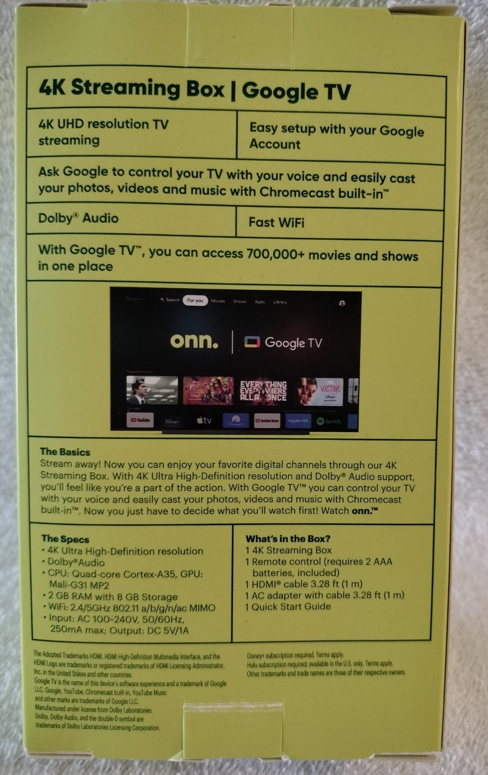 onn 4K Streaming Device Google TV Fast Streaming Ultra HD 8GB Storage 2GB