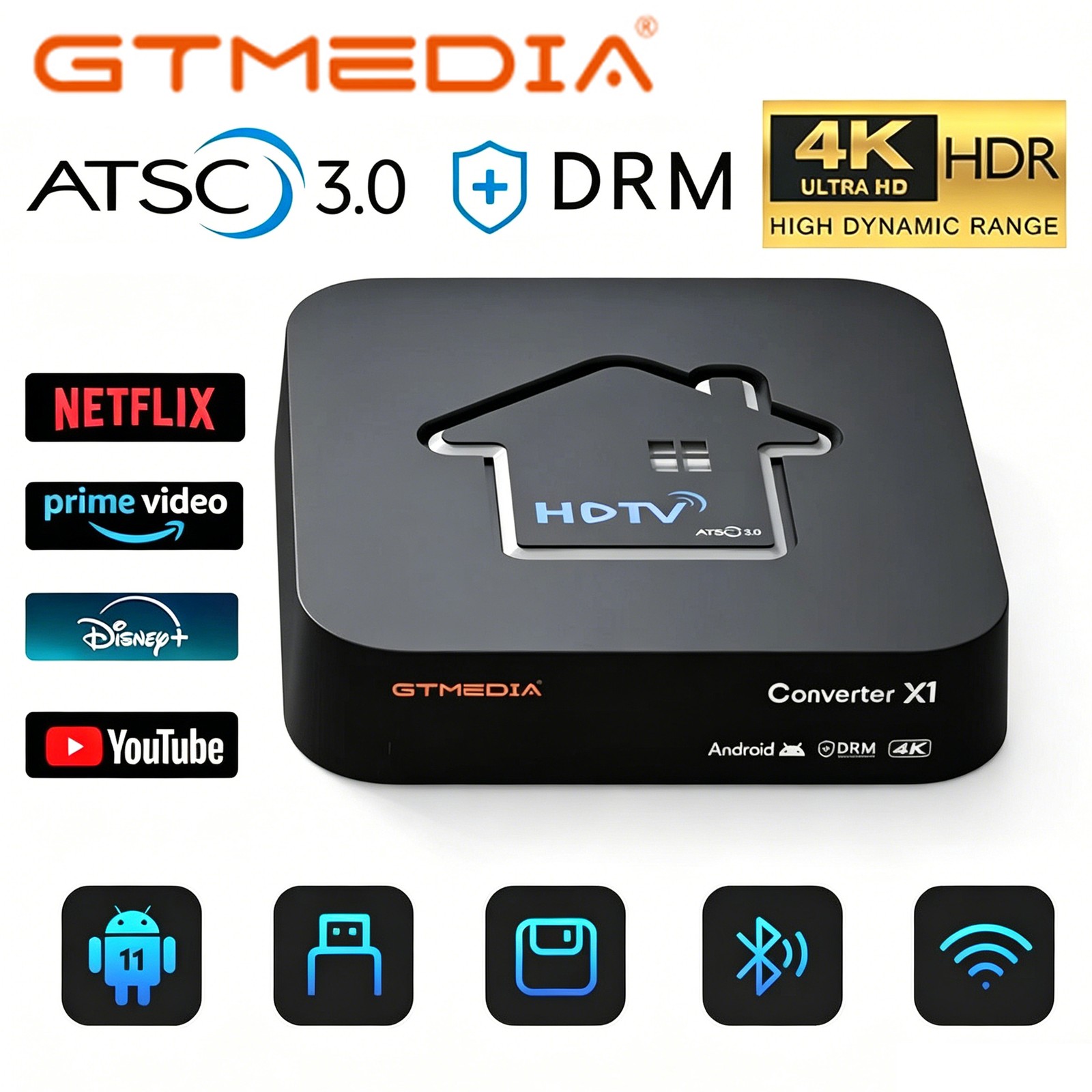 GTMEDIA HDTV Converter X1 4K HDR Android 11 TV BOX ATSC 3.0 Smart Decoder BT 5.0