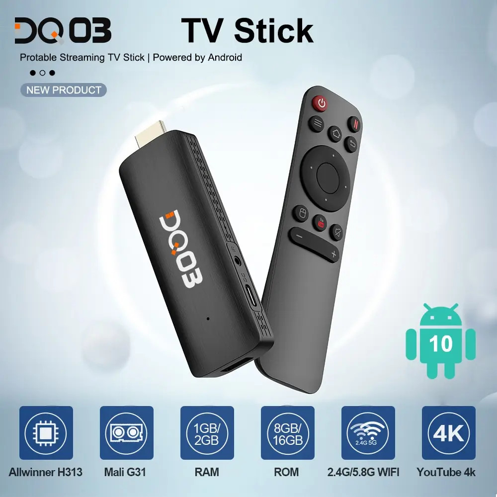 DQ03 Mini TV Stick Android 10 Quad Core ARM Cortex A53 2GB 16GB Support 4K H.265