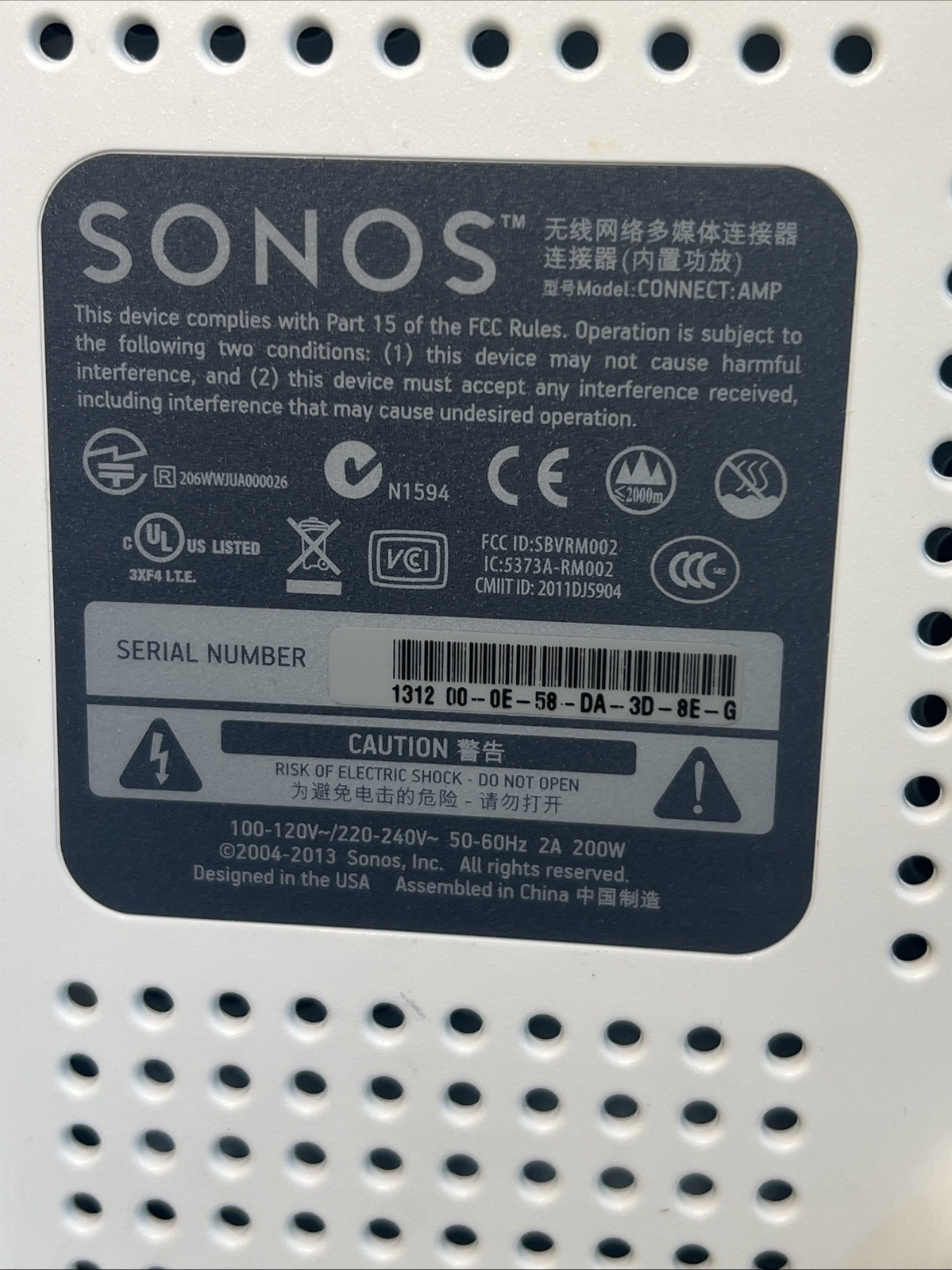Sonos Connect Amp – Powers up & added to app but no sound. parts only/no returns