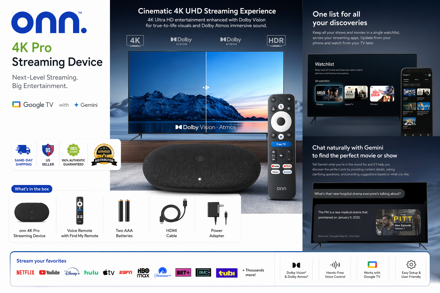 onn 4K Pro Streaming Device, Google TV with Gemini (NEW 2026 Model) – Ultra-fast